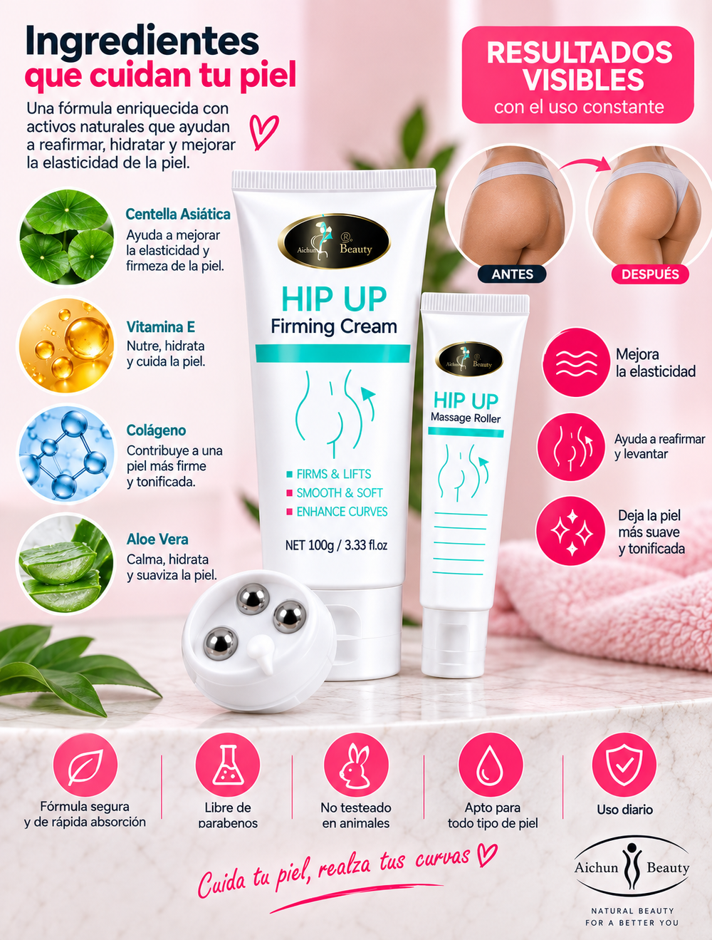 Aichun Beauty Hip Up – Crema Reafirmante con Masajeador 100g